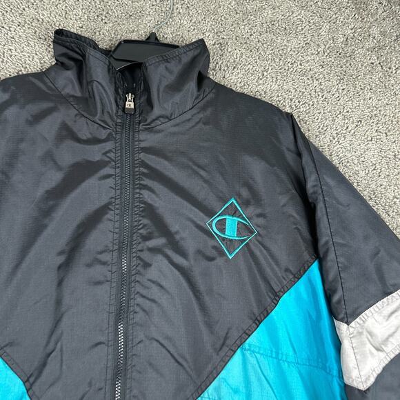 Champion Jacket Mens Large Black Blue Nylon Windbreaker Lined Full Zip Coat - Picture 3 of 13